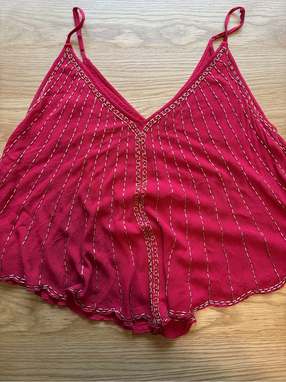 Free People Raspberry Red V-Neck Spaghetti-Strap Cami with Beading detail